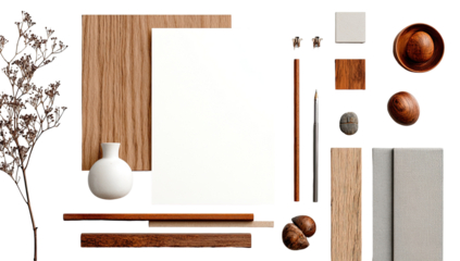 A minimalist, overhead view of stationery and nature-inspired objects