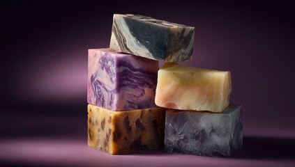 Stacked artisanal soap bars in various colors and marbled patterns