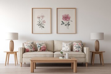 Floral art prints on a light beige sofa