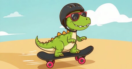 Pushing off from left, green dinosaur wearing helmet and sunglasses riding skateboard across dune - Powered by Adobe