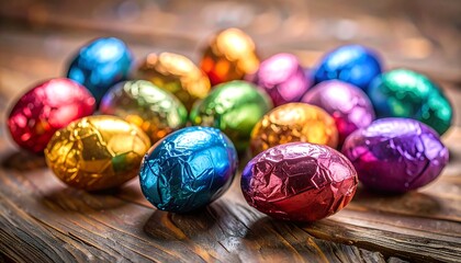 Colorful foil-wrapped eggs on wooden surface