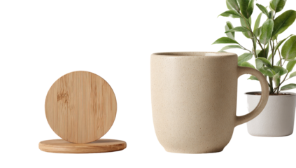 Beige mug and wooden coaster