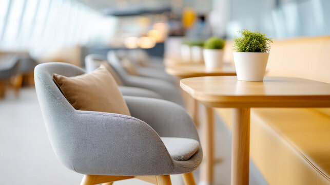 Modern lounge interior with soft chairs and self-service station design