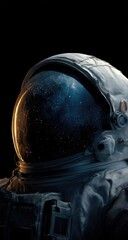 Close-up of an astronaut helmet, reflecting a vibrant night sky.  The visor displays a galaxy, with stars and nebulae.  Dark space surrounds the astronaut's head