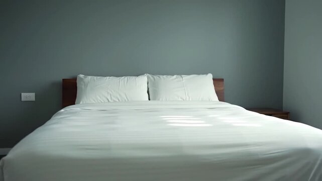 A bedroom featuring a bed with white linens and pillows against a gray wall space