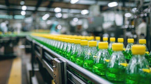 Green plastic bottles on a factory conveyor belt