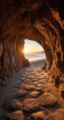 Sunlight streams through a rock archway onto a beach path