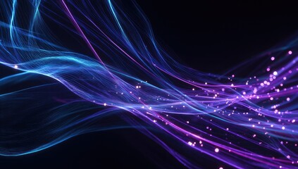 Abstract swirling lines of vibrant blue and purple, streaked with luminous pink particles against a dark background