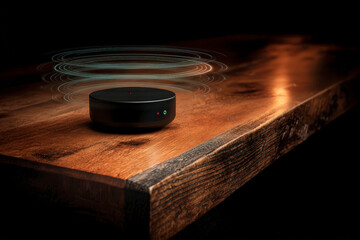 Obraz premium Black Smart Device on Wooden Table with Abstract Light Effects