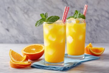 Two glasses of vibrant orange juice, garnished with fresh mint sprigs and ice cubes, sit on a light blue napkin.  Slices of oranges are arranged around the glasses.