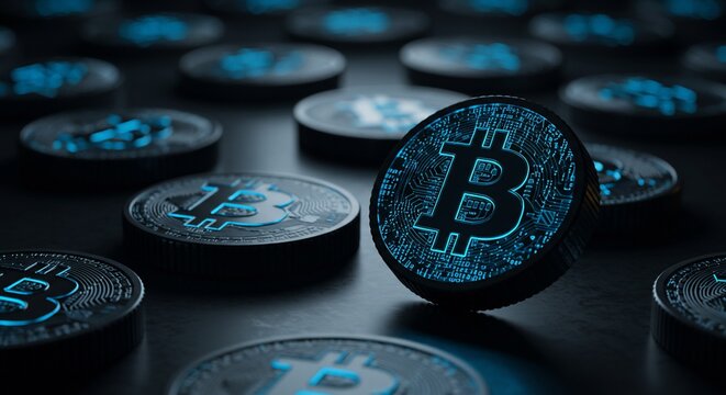 Glowing Bitcoin Cryptocurrency Coins Close Up - Powered by Adobe