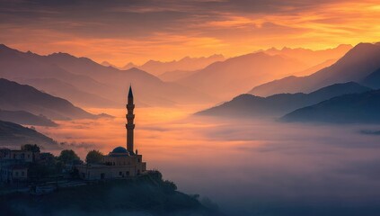 Mosque atop a hill, bathed in golden sunrise hues, misty mountains in the background