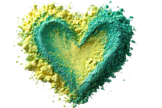 Heart-shaped powder mix of yellow and teal