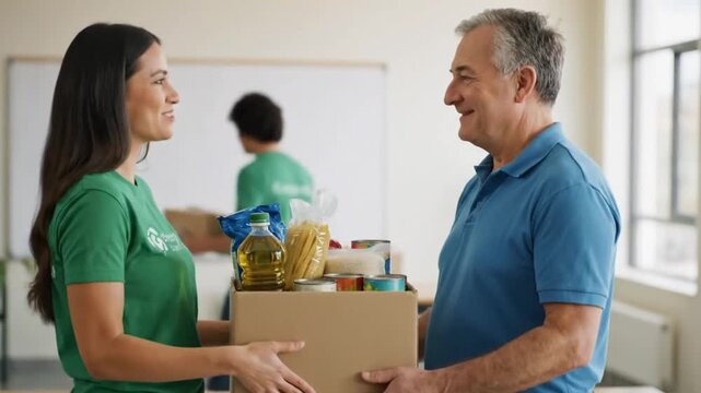 Community Food Drive Volunteer Helps Senior with Groceries Charity Support Donation Helping Hands Compassion