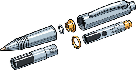 disassembled silver pen detailed exploded view of components, mechanical parts, writing instrument, office supply, precision engineering