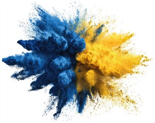 Vibrant explosion of blue and yellow powder.  A dynamic burst of color, with the two hues radiating outwards against a white background.  