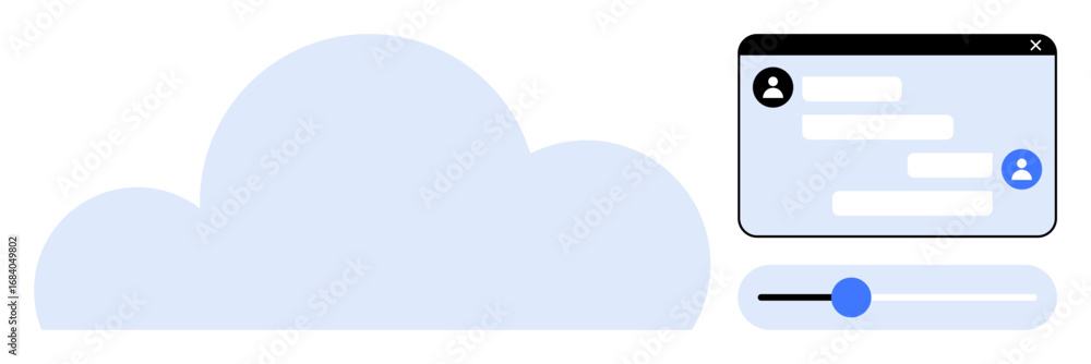 Poster cloud graphic, chat window with user messages, and adjustable slider. ideal for cloud computing, col