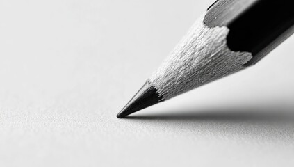 Close-up of a graphite pencil point resting on white paper.  The tip is sharp and slightly angled, showcasing the worn texture of the lead