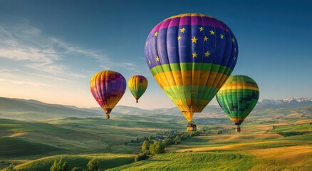 Fototapeta premium Colorful hot air balloons over a valley at sunrise