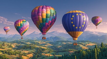 Obraz premium Colorful hot air balloons over a scenic landscape at dawn