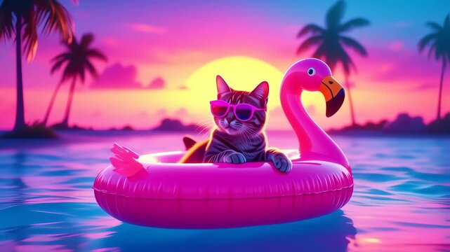 Cat in sunglasses on a pink flamingo floatie at sunset