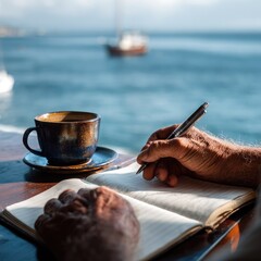 Close-up of weathered hands writing in a journal, a cup of coffee beside it, overlooking the ocean