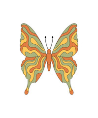 Groovy psychedelic butterfly sticker with colorful abstract wavy shapes creates a 70s and y2k retro mood. Groovy element, graphic and cool motif for modern artistic projects in a funky pop context.