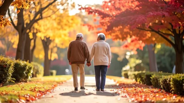 Elderly Couple Embracing Autumnal Serenity: Leisurely Stroll Through the Park in Fall