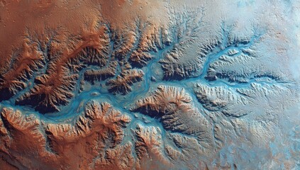 High-angle, detailed view of a river carving through a rugged, reddish-brown landscape.  Bluish-gray river channel winds through canyons and valleys