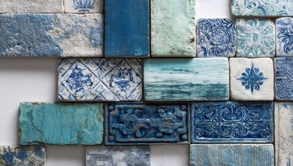 Close-up view of varied, blue and white ceramic tiles