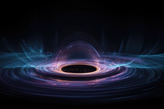 Abstract cosmic vortex.  A swirling, vibrant display of swirling light, with a dark central void, surrounded by ethereal, translucent lines and glowing particles
