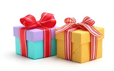 Two small gift boxes, teal and gold, adorned with red ribbons and bows, sit side-by-side against a white background