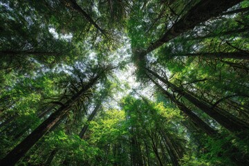 Naklejka premium Lush forest canopy viewed from below