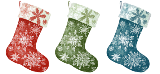 Three Christmas stockings with snowflake patterns in red, green, and teal