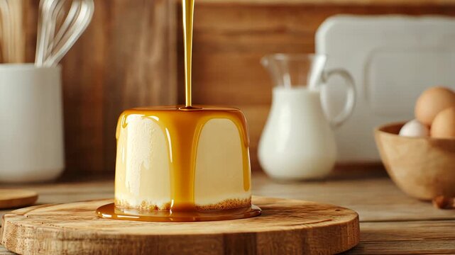 Smooth caramel drizzle over creamy flan dessert with rustic kitchen background
