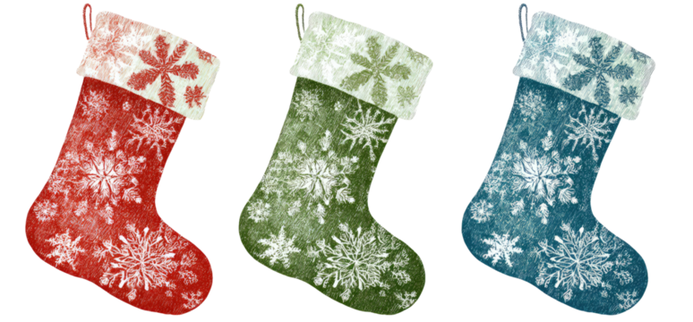 Three Christmas stockings with snowflake patterns in red, green, and teal