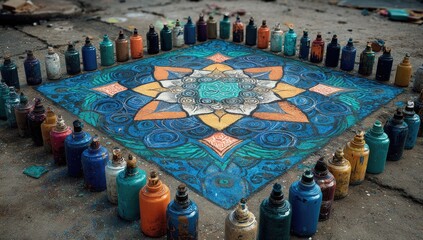 Colorful mandala design on pavement, paint bottles arranged in a circle around it