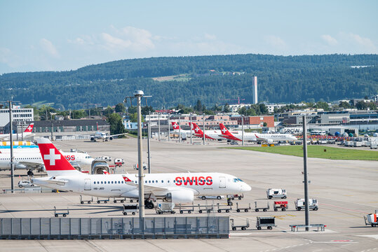 Swiss Airbus A220 at the airport of Zurich in Switzerland
