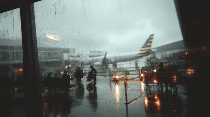 Airport view Airplane and people, seen through window with raindrops, during a gray day