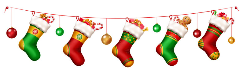 Christmas stockings hanging on a string filled with candy canes, gingerbread men, balls, and gift boxes. Each stocking is uniquely designed with vibrant colors and patterns.