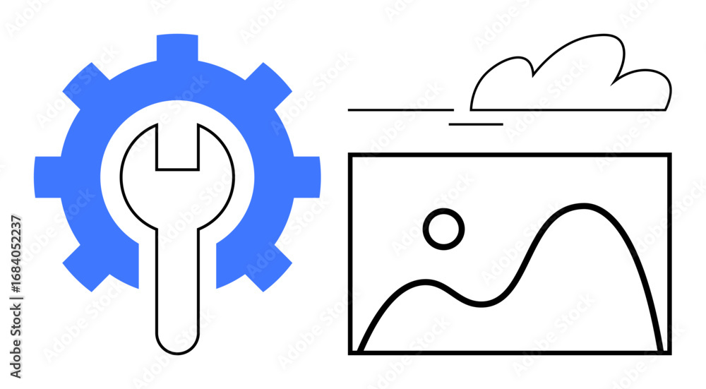 Poster gear and wrench beside a minimal landscape image suggest customization and optimization. ideal for t