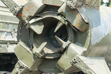 Close-up view of corroded Ukrainian military helicopter rotor blade assembly, angled perspective,...