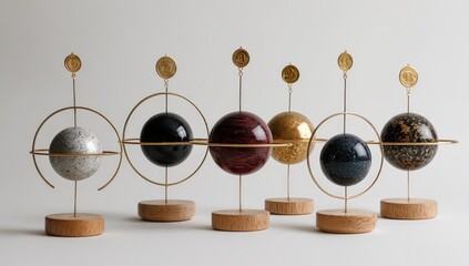 Six orb-like sculptures, each mounted on a wooden base and suspended within a metal ring orbit.  The orbs showcase various patterned finishes, while small gold coins are affixed to each.  