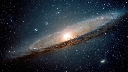 Fototapeta premium Spiral galaxy bathed in starlight. Vast expanse of space filled with a swirling spiral galaxy, featuring hues of beige, cream, and dark gray against a backdrop of countless stars.