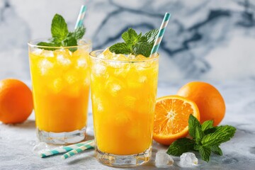 Fototapeta premium Two glasses of chilled orange juice with ice and mint sprigs