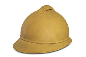 Antique firefighter helmet, yellow metal design, high-topped, brim, black patch or logo, plain background, indoor setting, artificial light