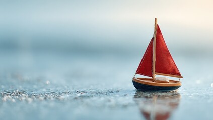 Miniature sailboat on water.  A small wooden toy sailboat with a red sail sits on a reflective water surface. Light pastel colors.  Soft focus