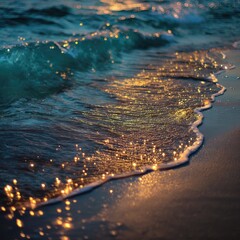Golden waves lapping on a sandy beach at sunset.  Ocean water transitions from dark teal to shimmering gold where it meets the shore.  Gentle waves crash onto the beach.