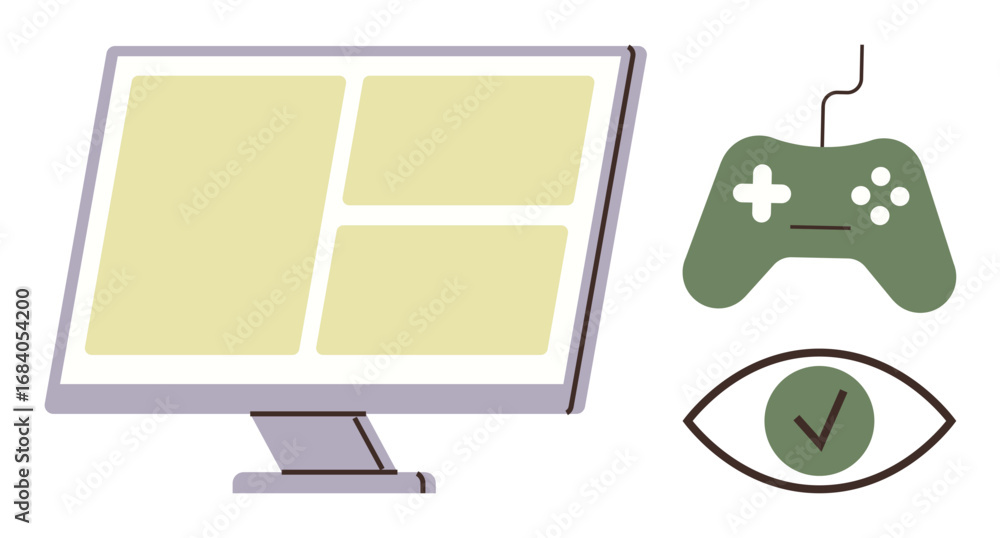Poster monitor with divided screen layout next to a game controller and an eye with a checkmark. ideal for 
