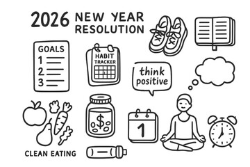 New Year Resolution Icons. 2026 New Year resolution doodle icon set: hand drawn icons of goal list, gym shoes, habit tracker,